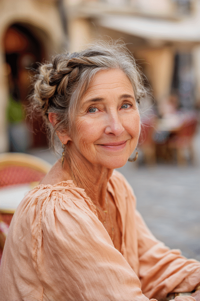 Realistic portrait of a woman over 60 with a loose braided bun in soft brown, wearing a simple full-sleeve top, background of a softly lit cozy home interior.