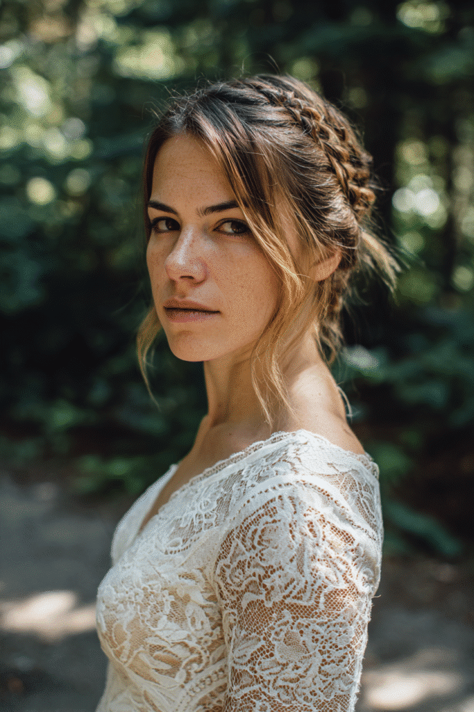 Bride with a soft half-up half-down hairstyle and loose tendrils framing her face, dressed in a modest lace gown in a serene forest backdrop.
