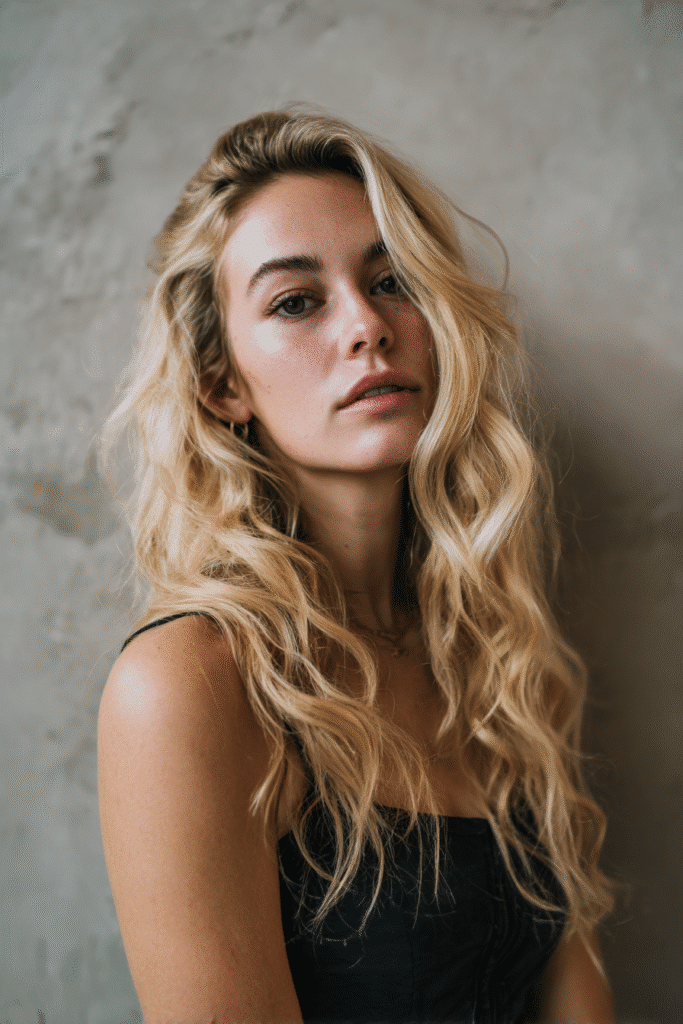 American woman with loose waves and twist in golden blonde, plaster backdrop, Instagram-style.