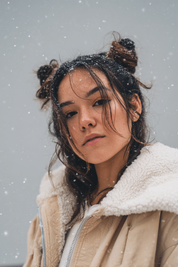 A vibrant female model in her 20s with shoulder-to-waist-length hair, styled in low buns with a protective and neat style, captured in a close-up shot focusing on the hair, photographed against a seamless light gray backdrop with a smooth surface. She has subtle makeup, a stylish winter coat, a warm skin tone, and a confident expression, captured with cozy winter lighting and soft snowflakes.