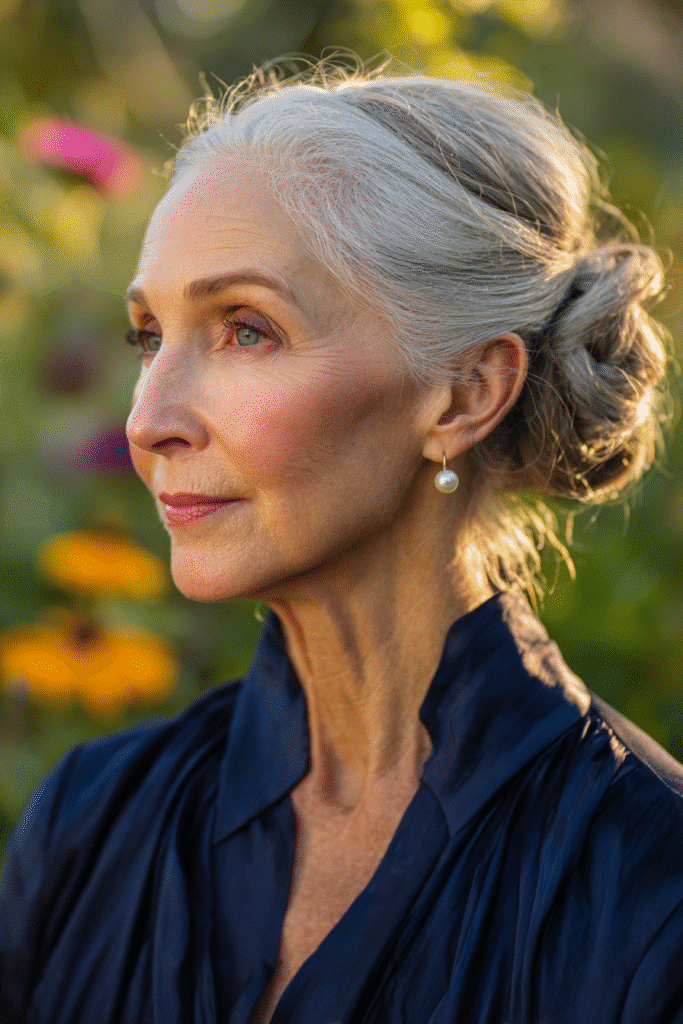 Realistic close-up of a mature woman over 60 with a low chignon featuring silver highlights, gentle smile, wearing a modest collared shirt, background of a sunlit living room.