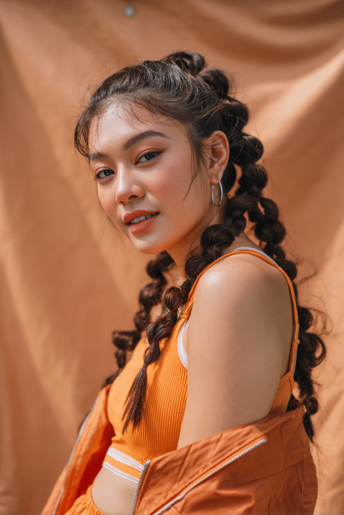 A vibrant female model in her 20s with shoulder-to-waist-length braided hair, styled in a low half-up bubble braids with spaced-out sections leading into a textured ponytail down, photographed against a seamless warm ochre backdrop with a satin finish. She has subtle makeup, a trendy outfit, a warm skin tone, and a friendly expression, captured with soft natural lighting.