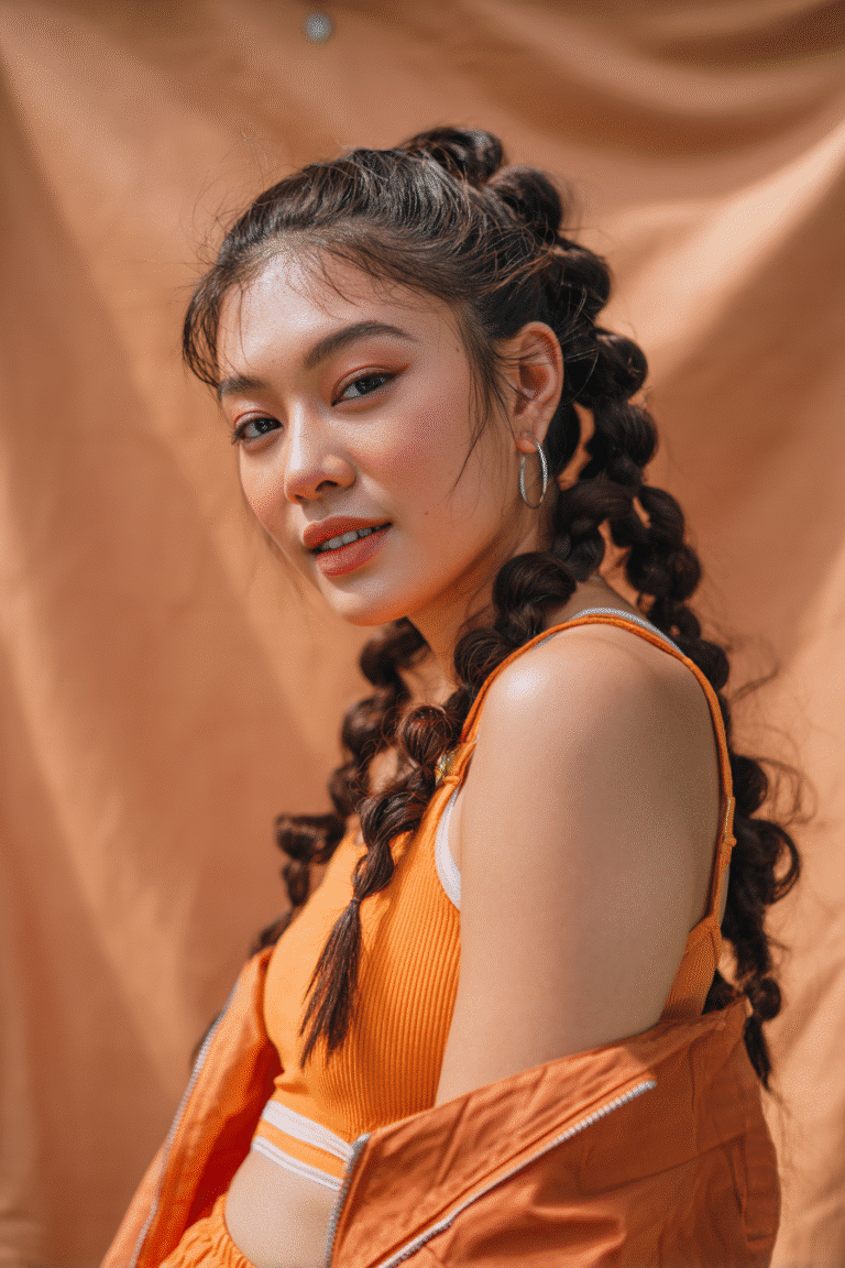 A vibrant female model in her 20s with shoulder-to-waist-length braided hair, styled in a low half-up bubble braids with spaced-out sections leading into a textured ponytail down, photographed against a seamless warm ochre backdrop with a satin finish. She has subtle makeup, a trendy outfit, a warm skin tone, and a friendly expression, captured with soft natural lighting.