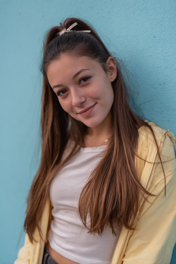 A vibrant female model in her 20s with shoulder-to-waist-length straight hair, styled in a low half-up section secured with a claw clip flowing into a smooth ponytail down, photographed against a seamless light cerulean backdrop with a smooth surface. She wears subtle makeup, a trendy outfit, and has a warm skin tone with a friendly expression, captured with soft natural lighting.