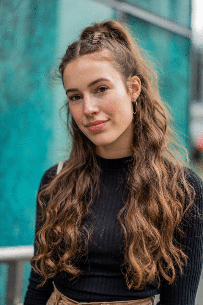 A vibrant female model in her 20s with shoulder-to-waist-length wavy hair, styled in a low half-up French braid with a neat weave flowing into a loose ponytail down, photographed against a seamless soft emerald backdrop with a glossy sheen. She wears subtle makeup, a trendy outfit, and has a warm skin tone with a friendly expression, captured with soft natural lighting.