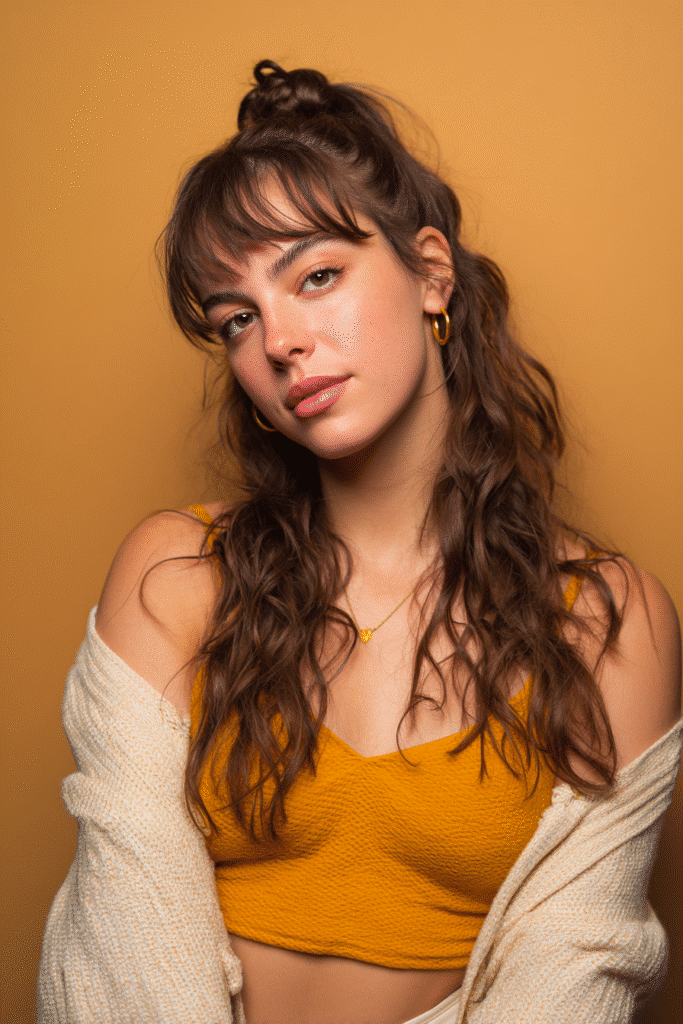A vibrant female model in her 20s with shoulder-to-waist-length wavy hair, styled in a low half-up section with knotted details flowing into a loose ponytail down, photographed against a seamless warm mustard backdrop with a matte finish. She wears subtle makeup, a trendy outfit, and has a warm skin tone with a friendly expression, captured with soft natural lighting.