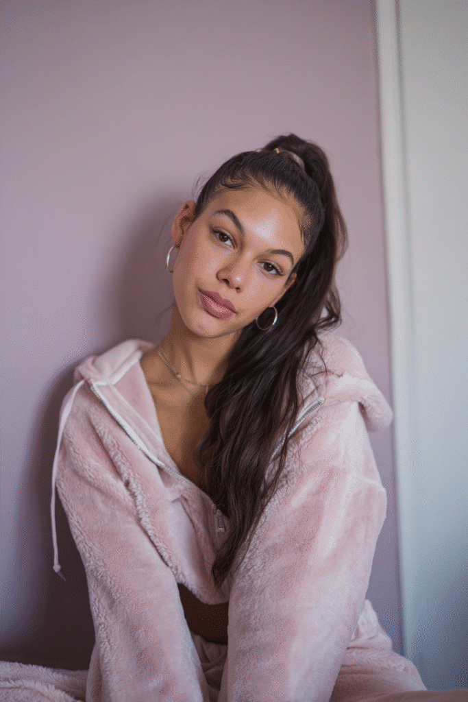 A vibrant female model in her 20s with shoulder-to-waist-length straight hair, styled in a low half-up with a middle part, flowing into a sleek ponytail down, photographed against a seamless soft lilac backdrop with a velvety texture. She wears subtle makeup, a trendy outfit, and has a warm skin tone with a friendly expression, captured with soft natural lighting.