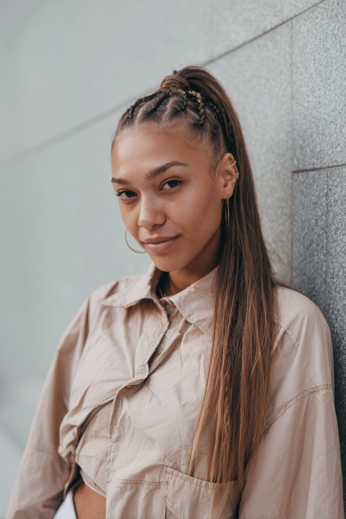 A vibrant female model in her 20s with shoulder-to-waist-length straight hair, styled in a low half-up with mini braids woven into a smooth ponytail down, photographed against a seamless light jade backdrop with a smooth surface. She wears subtle makeup, a trendy outfit, and has a warm skin tone with a friendly expression, captured with soft natural lighting.