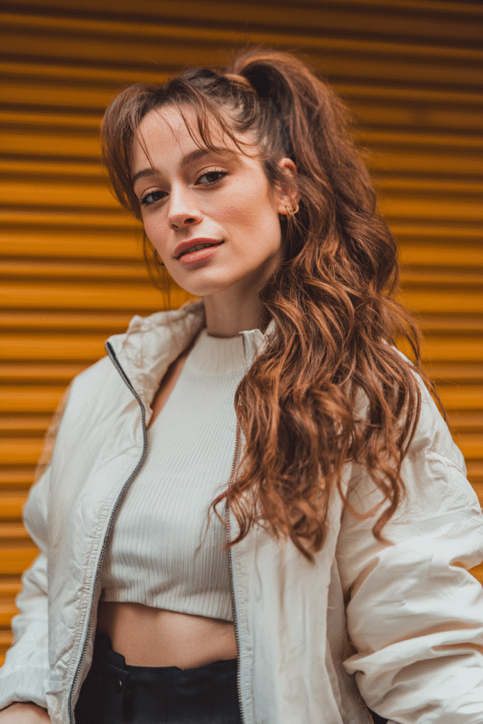 A vibrant female model in her 20s with shoulder-to-waist-length wavy hair, styled in a low half-up with a side part, leading into a loose ponytail down, photographed against a seamless warm amber backdrop with a matte finish. She has subtle makeup, a trendy outfit, a warm skin tone, and a friendly expression, captured with soft natural lighting.
