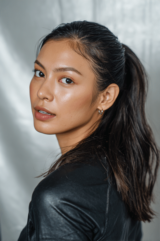 A vibrant female model in her 20s with shoulder-to-waist-length straight hair, styled in a low half-up with a sleek finish, transitioning into a polished ponytail down, photographed against a seamless soft silver backdrop with a glossy sheen. She wears subtle makeup, a trendy outfit, and has a warm skin tone with a friendly expression, captured with soft natural lighting.