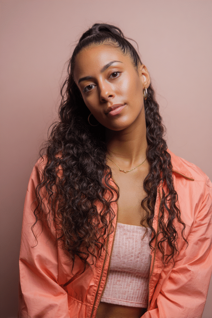 A vibrant female model in her 20s with shoulder-to-waist-length curly hair, styled in a low half-up with soft curls gathered into a flowing ponytail down, photographed against a seamless light coral backdrop with a glossy sheen. She has subtle makeup, a trendy outfit, a warm skin tone, and a friendly expression, captured with soft natural lighting.