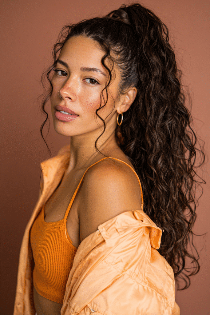 A vibrant female model in her 20s with shoulder-to-waist-length curly hair, styled in a low half-up with two face-framing strands left loose, flowing into a bouncy ponytail down, photographed against a seamless warm plum backdrop with a satin finish. She wears subtle makeup, a trendy outfit, and has a warm skin tone with a friendly expression, captured with soft natural lighting.