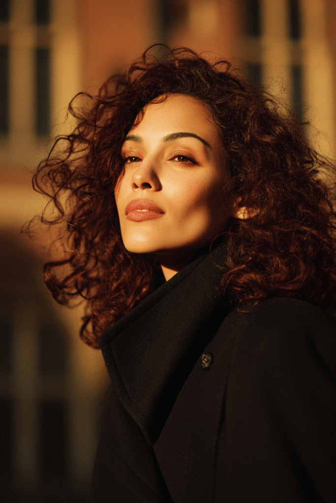 Realistic chest-length image of a brunette woman with mahogany merlot hair color, subtle curls, wearing a dark plum full-sleeve blouse, with warm autumn trees behind her.