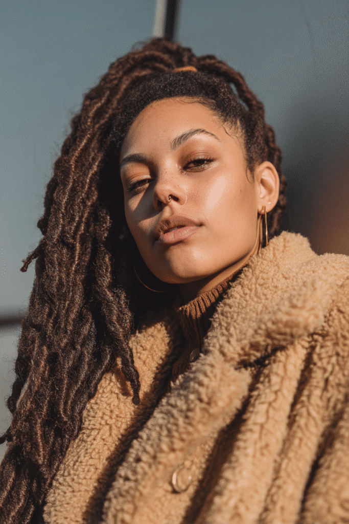 A vibrant female model in her 20s with shoulder-to-waist-length Marley twists, styled with a thick protective texture, captured in a close-up shot focusing on the hair, photographed against a seamless warm bronze backdrop with a satin finish. She has subtle makeup, a stylish winter coat, a warm skin tone, and a confident expression, captured with cozy winter lighting and a frosty glow.
