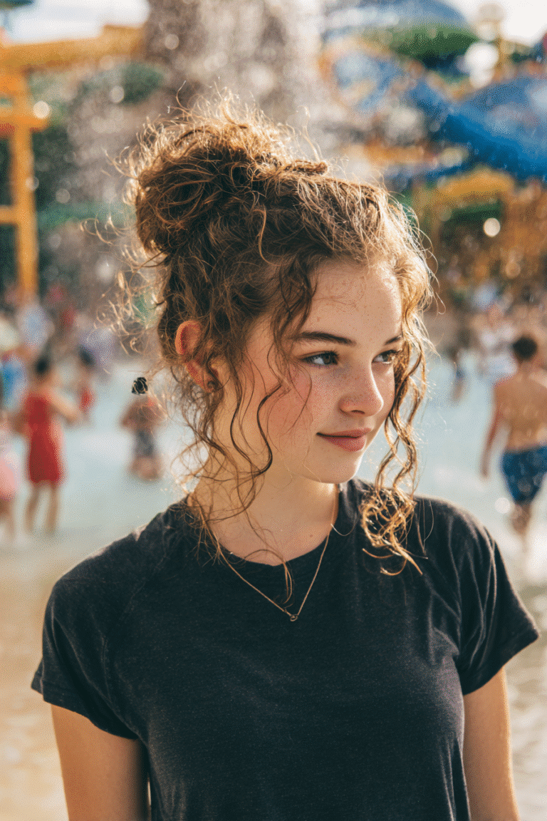 Curly-haired girl in full swim shirt with a messy bun, enjoying time near a splash zone.