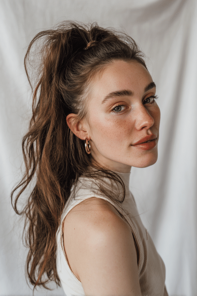 American woman with messy high ponytail in brown, trendy outfit, white backdrop, Instagram-style.