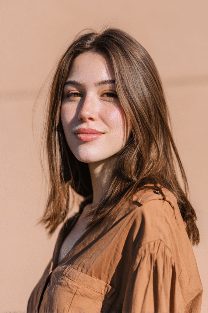 A vibrant female model in her 20s with shoulder-to-waist-length straight half wig, styled with a middle part and sleek strands flowing down, photographed against a seamless light apricot backdrop with a satin finish. She wears subtle makeup, a trendy outfit, and has a warm skin tone with a friendly expression, captured with soft natural lighting.