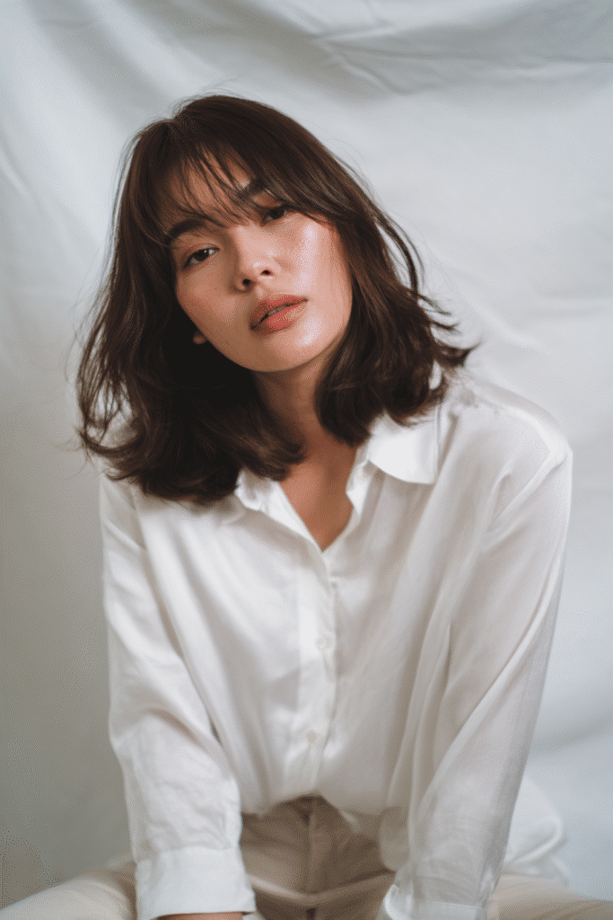 Trendy American model with thin hair cut into a mini French bob with shaggy layers, wearing a modest silk blouse, photographed on a white seamless background.