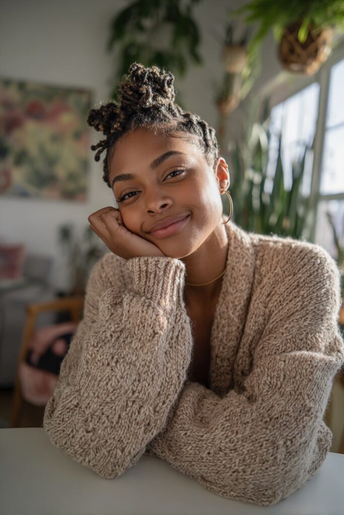 Black woman with mini twists styled for low tension, wearing an oversized cardigan, sitting in a bright living room surrounded by potted plants.