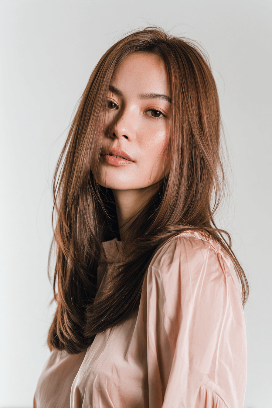 Natural chest-length shot of a brunette woman with mocha mousse hair color, sleek straight style, wearing a navy long-sleeve blouse, with soft afternoon sunlight filtering through trees.