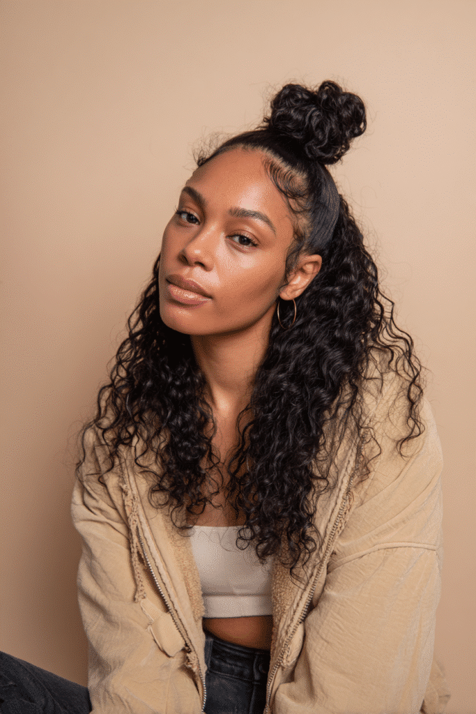 A vibrant Black female model in her 20s with shoulder-to-waist-length natural wig with 4a/4b clip-in coils, styled in a half-up small bun with coils flowing down, photographed against a seamless soft beige backdrop with a matte finish. She wears subtle makeup, a trendy outfit, and has a warm skin tone with a friendly expression, captured with soft natural lighting.