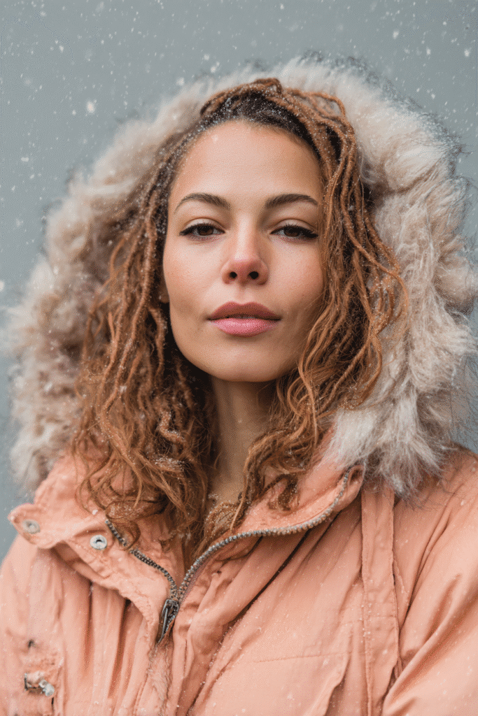 A vibrant female model in her 20s with shoulder-to-waist-length passion twists, styled with a soft protective and voluminous look, captured in a close-up shot focusing on the hair, photographed against a seamless light coral backdrop with a smooth surface. She has subtle makeup, a stylish winter coat, a warm skin tone, and a confident expression, captured with cozy winter lighting and soft snowflakes.