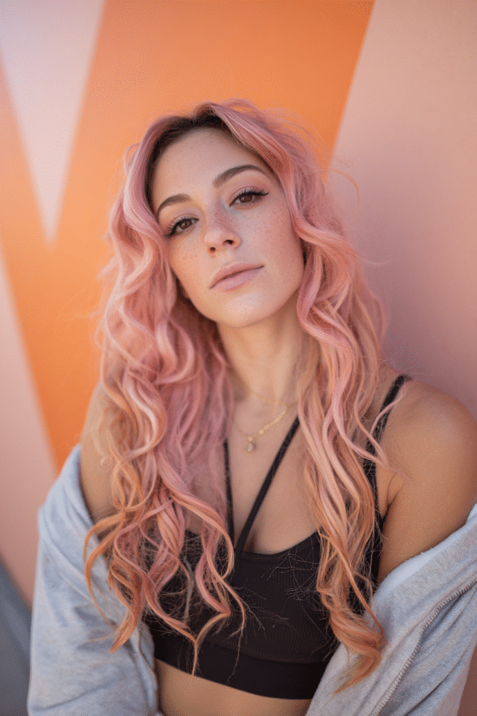 A vibrant female model in her 20s with shoulder-to-waist-length wavy hair in pastel pink ombré, styled in an ombré baddie wig with a soft pink gradient, framed from chest-level upward, photographed against a seamless soft peach backdrop with a smooth surface. She has bold makeup, a trendy outfit, a warm skin tone, and a confident expression, captured with soft natural lighting.