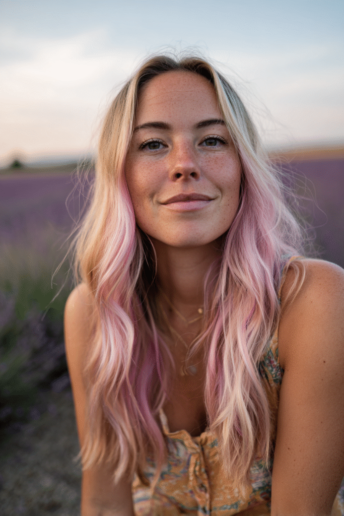 A vibrant American female model in her 20s with chest-length Neapolitan hair featuring blonde with pastel pink streaks, styled elegantly, photographed against a dreamy lavender field under a soft pink sunset. She has subtle makeup, a trendy outfit, a warm skin tone, and a friendly expression, captured with soft natural lighting.