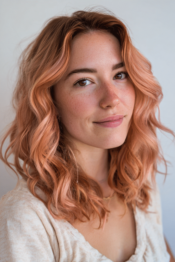 A vibrant American female model in her 20s with chest-length Neapolitan hair featuring soft peach with rich coffee flecks, styled chicly, photographed against a seamless white backdrop with minimal texture. She wears subtle makeup, a trendy outfit, and has a warm skin tone with a friendly expression, captured with soft natural lighting.