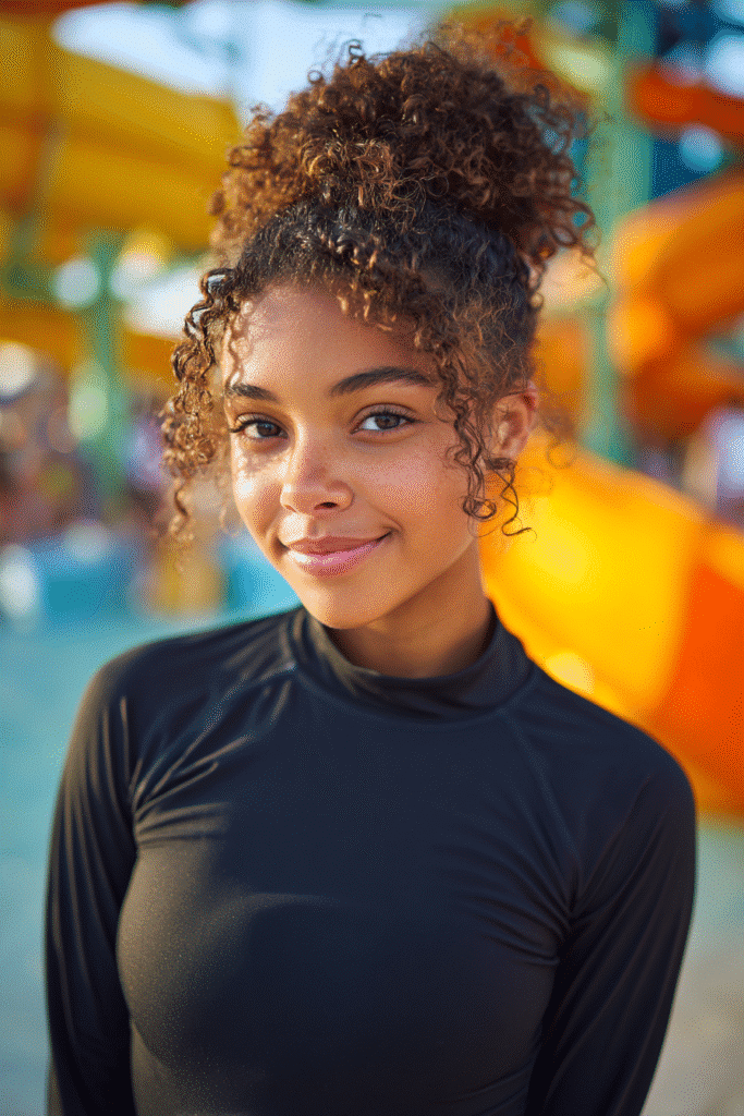 Teen girl with a curly pineapple updo and modest swimwear, posing at a waterpark with colorful slides in the background.

