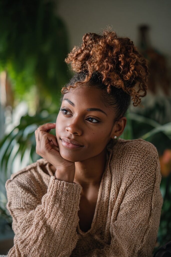 Black woman with curly hair styled into a low-tension pineapple updo, soft tendrils framing her face, wearing a casual top in a cozy indoor room with plants.