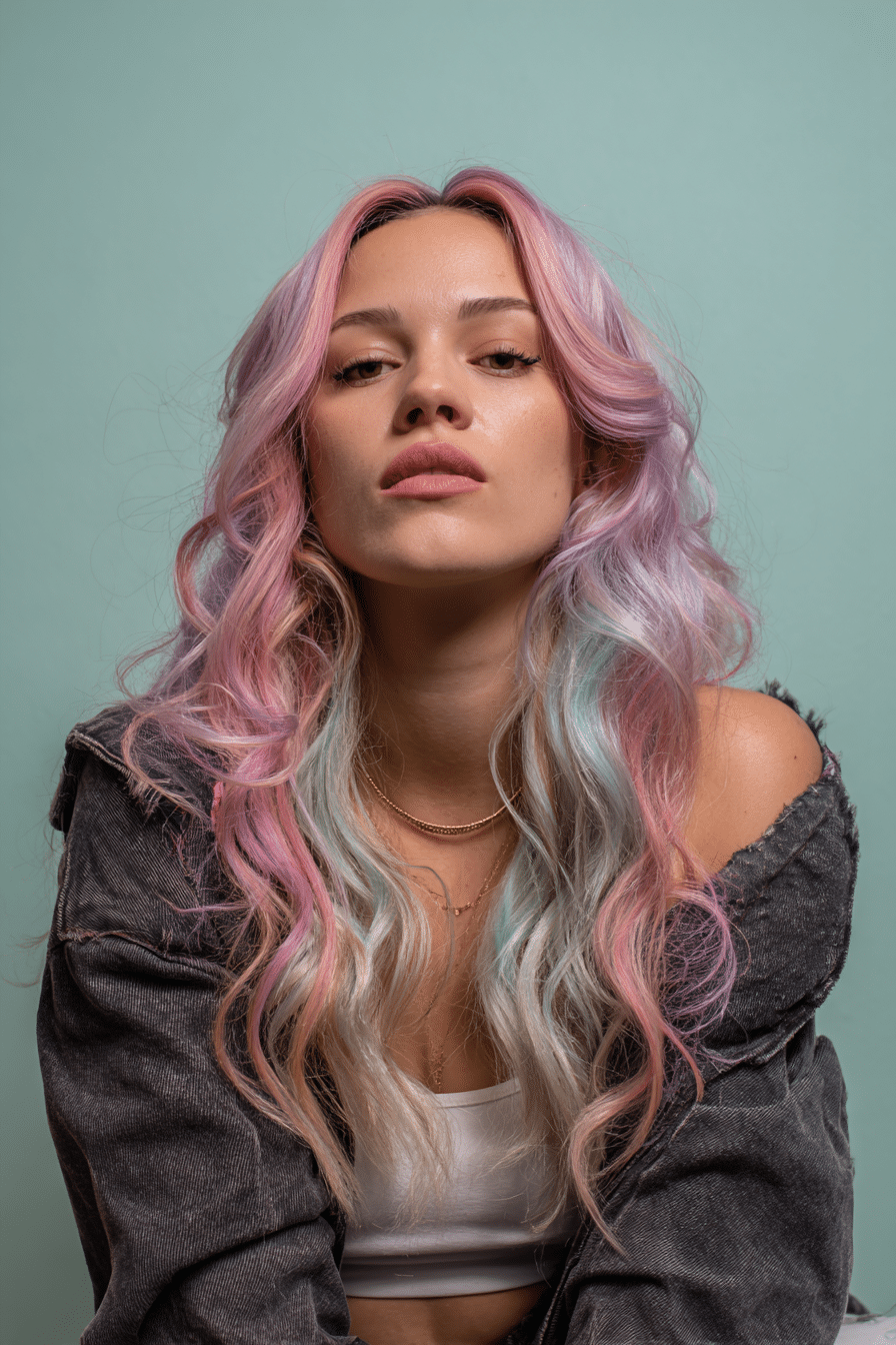 A vibrant female model in her 20s with shoulder-to-waist-length wavy hair in pink and silver, styled in a lace front baddie wig with a natural hairline, framed from chest-level upward, photographed against a seamless light teal backdrop with a matte finish. She has bold makeup, a trendy outfit, a warm skin tone, and a confident expression, captured with soft natural lighting.