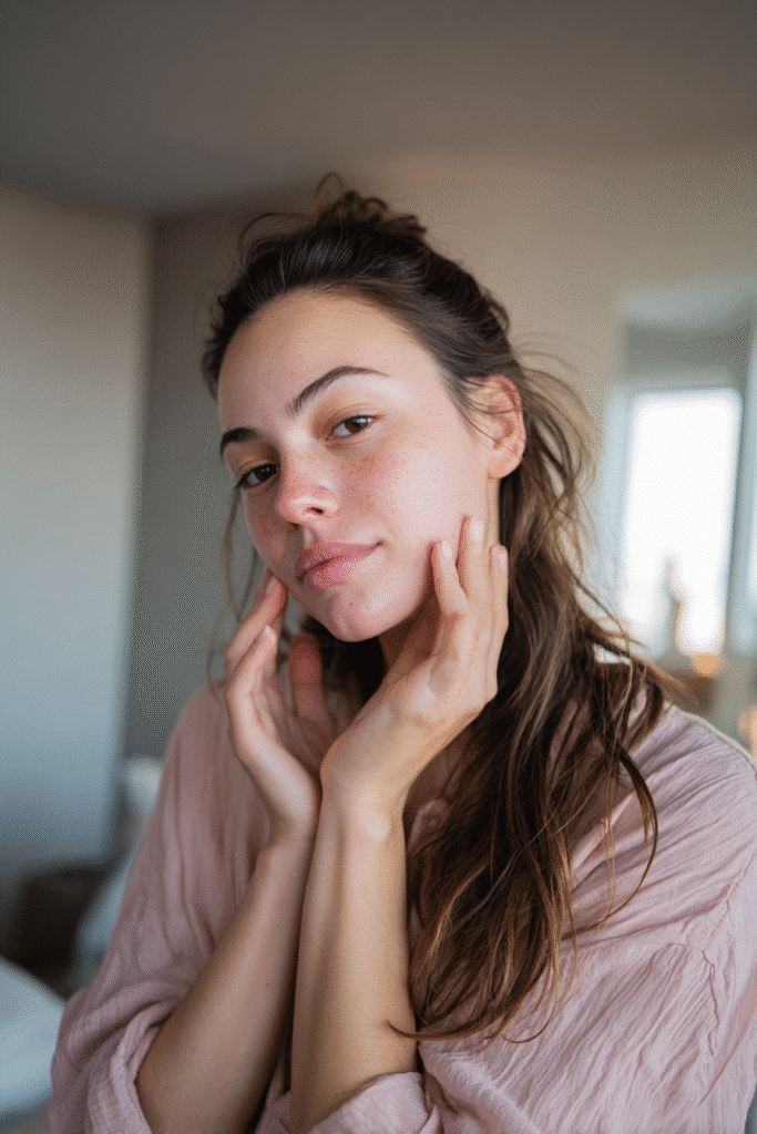 American teenage girl with glowing fresh skin, wearing a modest pastel long-sleeve blouse, gently applying moisturizer before makeup in a bright airy bedroom with soft daylight.