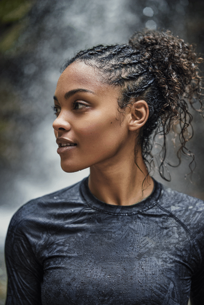 Girl with cornrow updo on curly hair wearing a long-sleeve swim shirt, standing near waterfall splash feature.