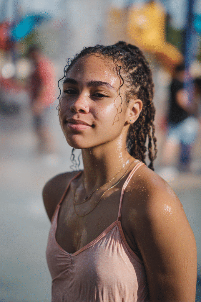 Confident American girl in a pastel swim shirt with protective twists, enjoying a vibrant splash park on a sunny day.