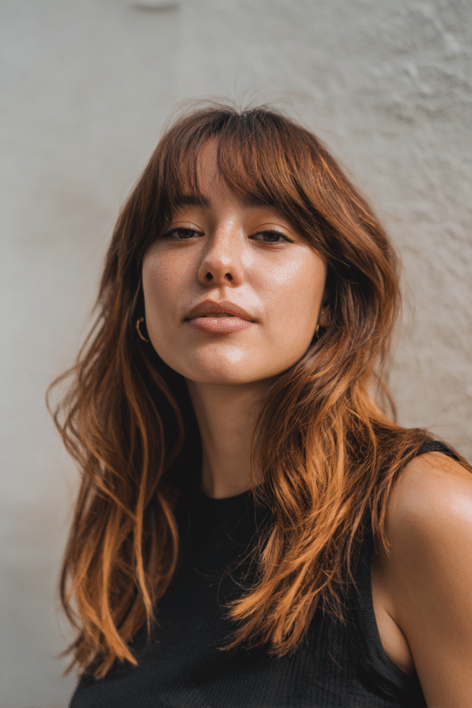 A vibrant American female model in her 20s with pumpkin spice hair color featuring bangs, styled in a chic hairstyle, photographed against a textured plaster backdrop with minimal texture. She wears subtle makeup, a trendy outfit, and has a warm skin tone with a friendly expression, captured with soft natural lighting.