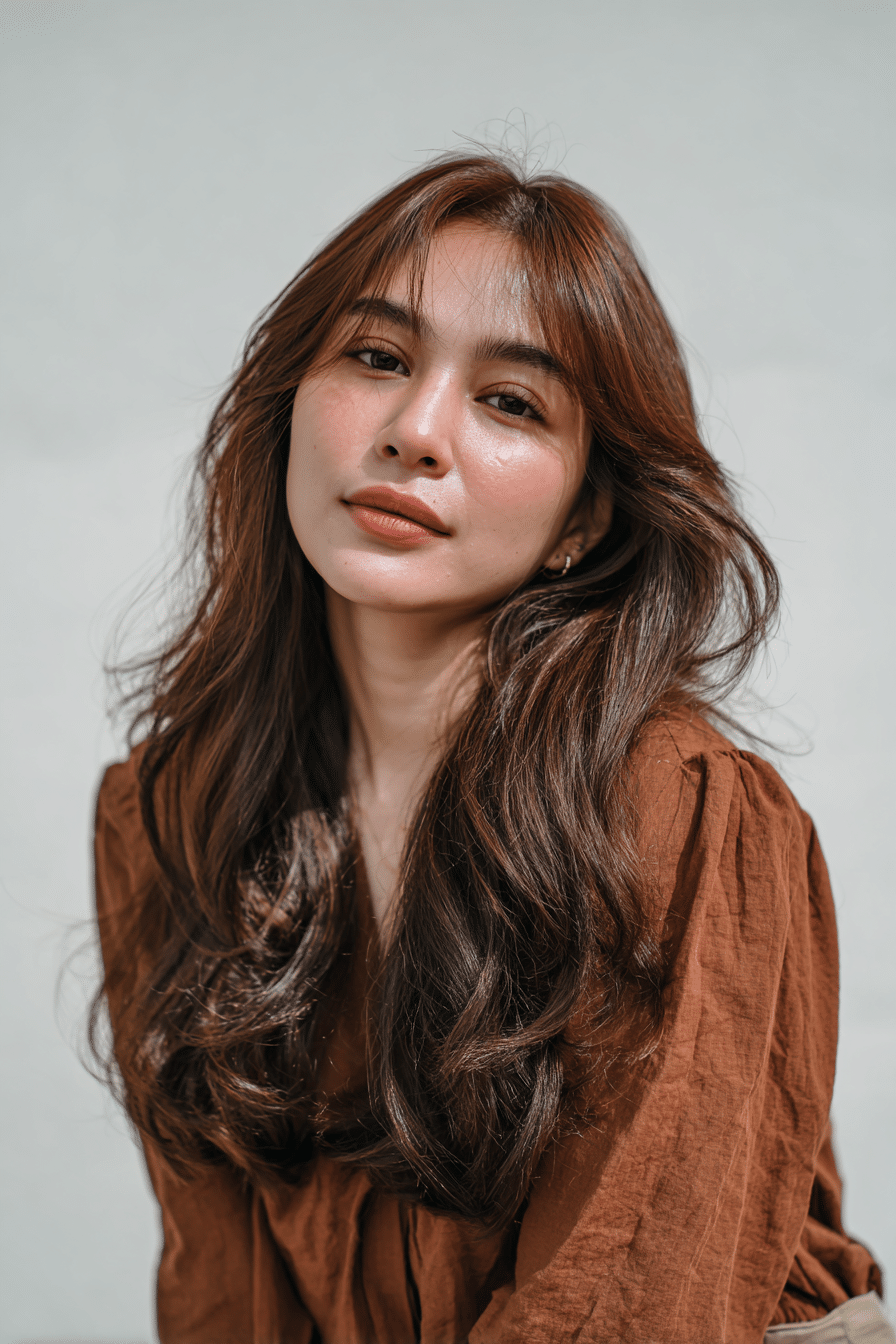 A vibrant American female model in her 20s with rich pumpkin spice latte hair color, styled in a sleek hairstyle, photographed against a seamless white backdrop with minimal texture. She wears subtle makeup, a trendy outfit, and has a warm skin tone with a friendly expression, captured with soft natural lighting.