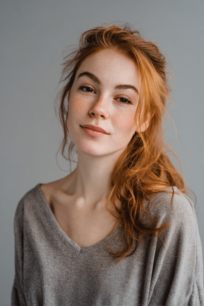 A vibrant American female model in her 20s with pumpkin spice ombre hair color, styled in a gradient hairstyle, photographed against a soft gray fabric backdrop with minimal texture. She has subtle makeup, a trendy outfit, a warm skin tone, and a friendly expression, captured with soft natural lighting.