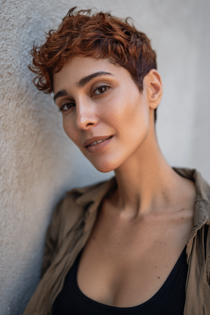 A vibrant American female model in her 20s with pumpkin spice hair color in a pixie crop, styled in a short, chic cut, photographed against a textured plaster backdrop with minimal texture. She has subtle makeup, a trendy outfit, a warm skin tone, and a friendly expression, captured with soft natural lighting.