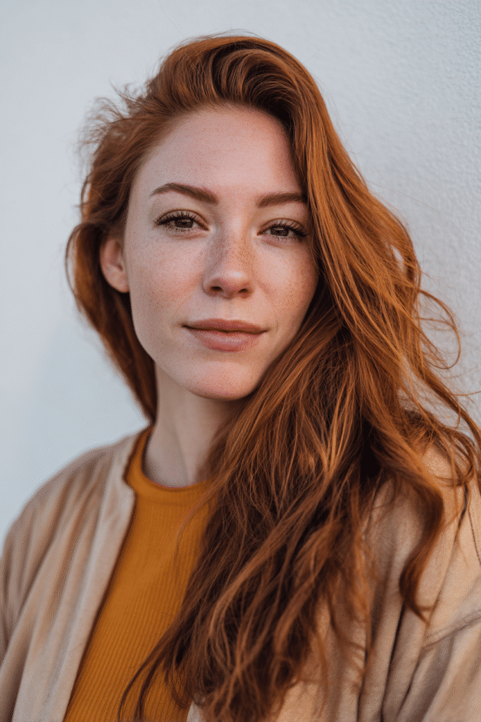 A vibrant American female model in her 20s with pumpkin spice and auburn hair color, styled elegantly, photographed against a seamless white backdrop with minimal texture. She wears subtle makeup, a trendy outfit, and has a warm skin tone with a friendly expression, captured with soft natural lighting.