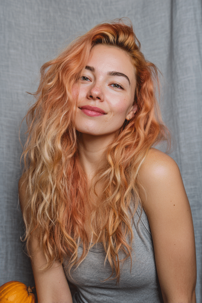 A vibrant American female model in her 20s with pumpkin and strawberry blonde hair color, styled elegantly, photographed against a soft gray fabric backdrop with minimal texture. She wears subtle makeup, a trendy outfit, and has a warm skin tone with a friendly expression, captured with soft natural lighting.