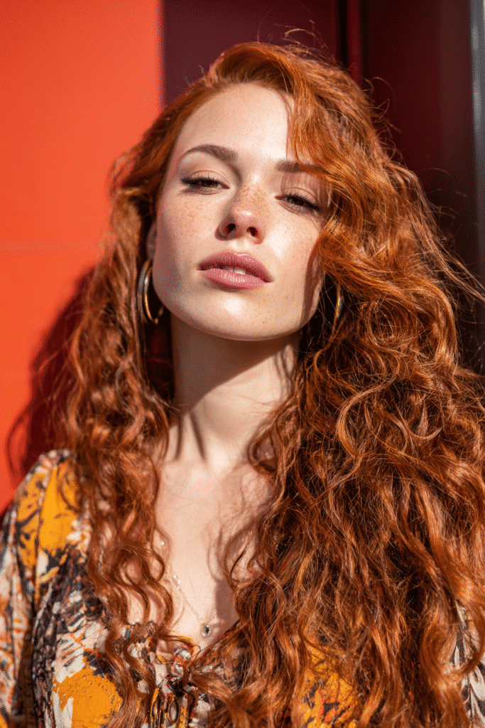 A vibrant female model in her 20s with shoulder-to-waist-length wavy hair in red, styled in a lace front baddie wig with a natural hairline, framed from chest-level upward, photographed against a seamless warm ruby backdrop with a glossy sheen. She has bold makeup, a trendy outfit, a warm skin tone, and a confident expression, captured with soft natural lighting.