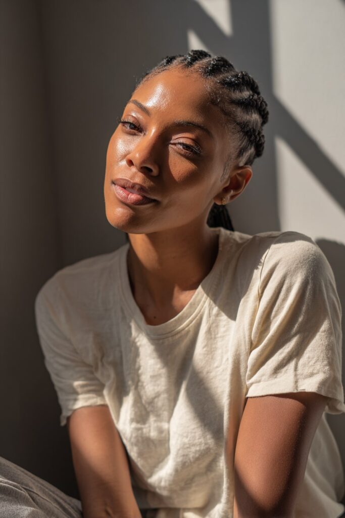 Black woman with low-tension reverse cornrows, simple and neat style, minimal makeup, wearing a casual cotton tee in a bright sunlit studio.