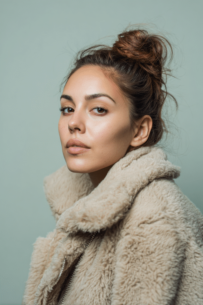 A vibrant female model in her 20s with shoulder-to-waist-length hair, styled in a roll, tuck, and pin updo with neatly rolled sections and a polished finish, framed from chest-level upward, photographed against a seamless light sage backdrop with a smooth surface. She has subtle makeup, a stylish winter coat, a warm skin tone, and a confident expression, captured with cozy winter lighting and a frosty glow.