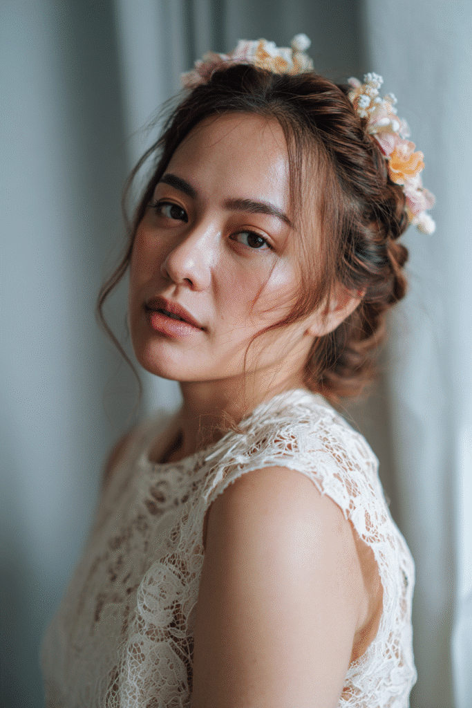 Bride with a romantic twisted half-up half-down hairstyle accented by pastel flowers, wearing a modest lace-overlay dress against a soft gray backdrop.