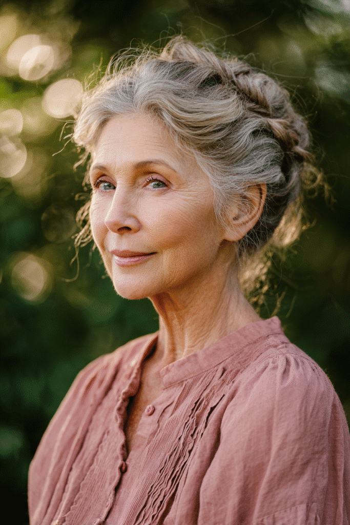 Realistic portrait of a woman over 60 with a romantic salt-and-pepper updo, soft curls framing her face, wearing a modest full-sleeve blouse, background of a softly blurred floral garden.