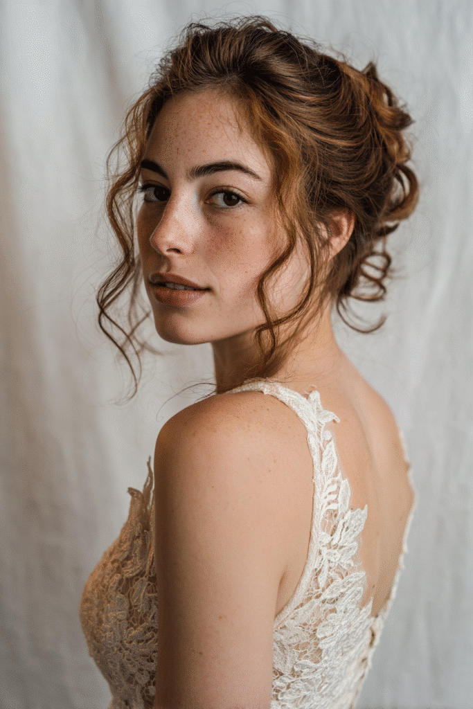 Bride with a curled half-up half-down wedding hairstyle, wearing a delicate lace gown in a bright studio with a seamless white background.