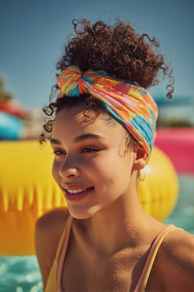 Girl with curly bun tied in a scarf and full swim top standing near lazy river tubes at the waterpark.

