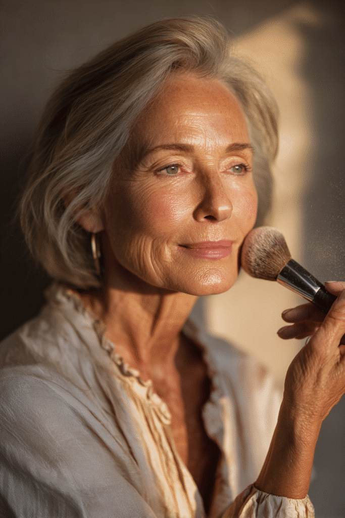 Mature woman using a fine translucent powder and setting spray to keep makeup fresh and lightweight.