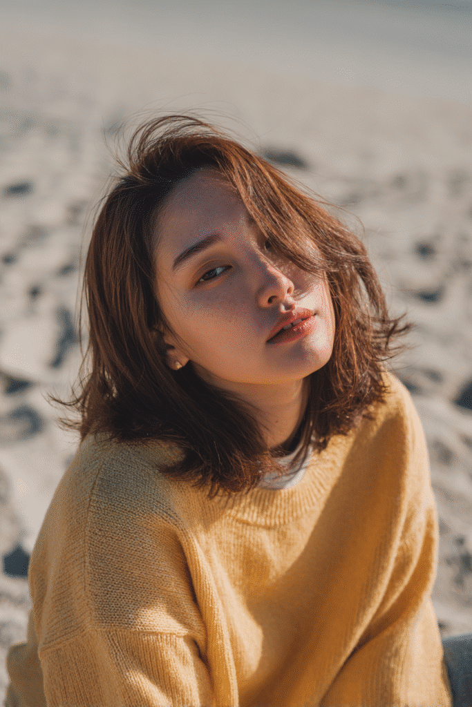 A vibrant American female model in her 20s with Neck-length straight Hime Cut short hair featuring a soft gradient blend from dark brown to light blonde, defined sidelocks, and light straight bangs, styled elegantly, photographed against a seamless soft sand backdrop with a smooth texture. She has subtle makeup, a trendy outfit, a warm skin tone, and a friendly expression, captured with soft natural lighting.